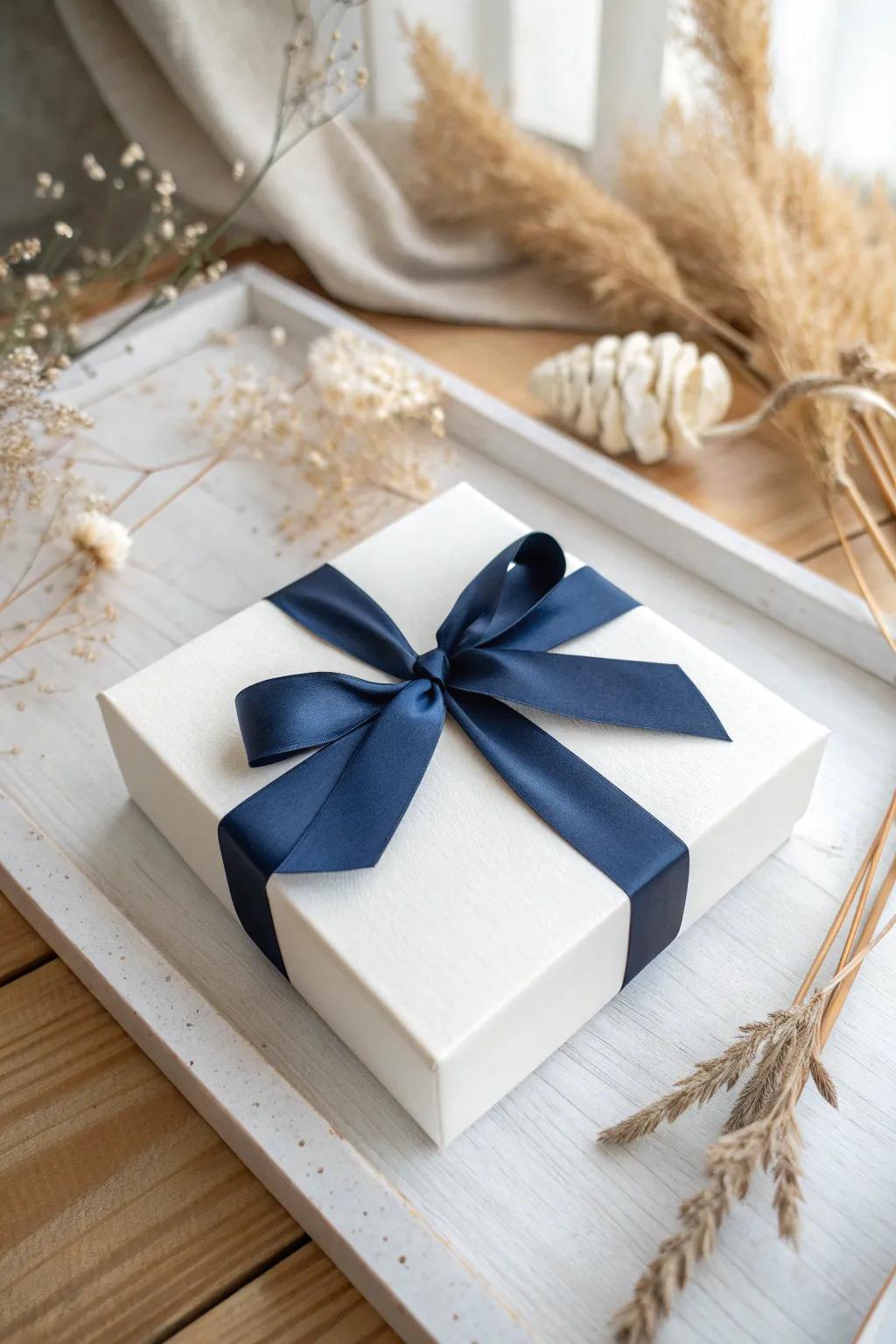 Enhance your gifting finesse with the allure of an elegant ribbon-adorned box.