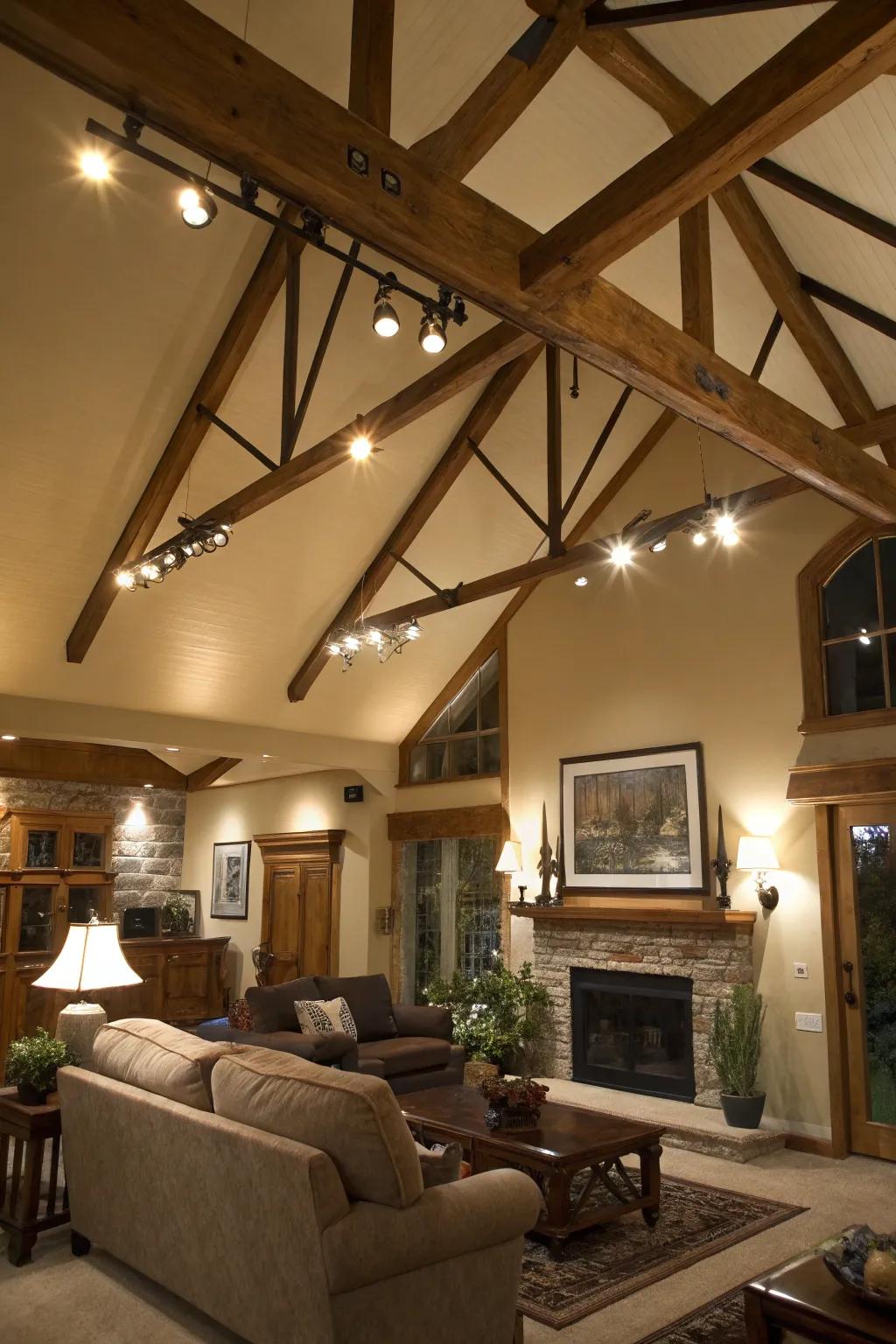 Track lighting impeccably accentuates the inherent splendor of exposed wooden beams.