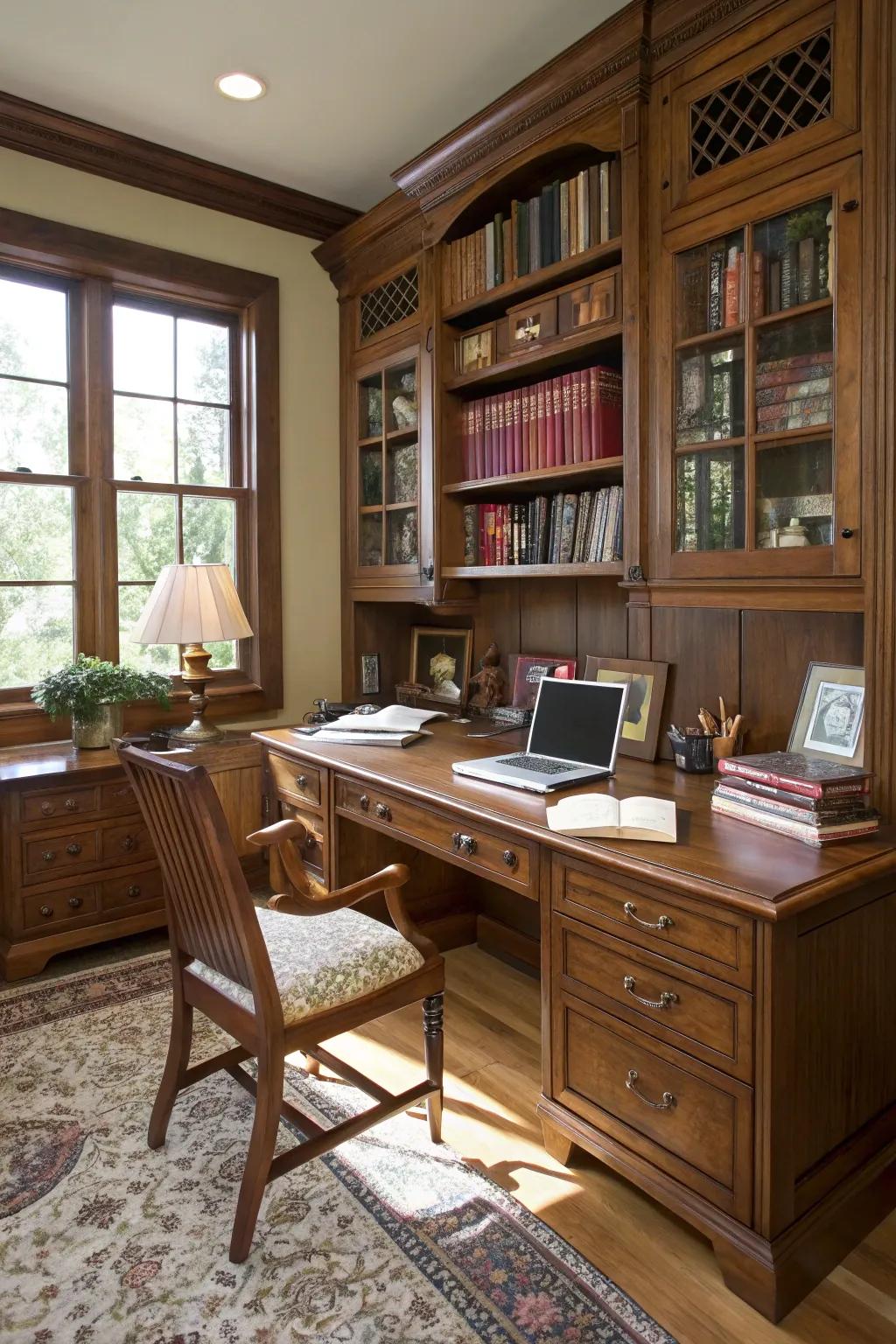 A welcoming work area displaying refined wood fixtures.