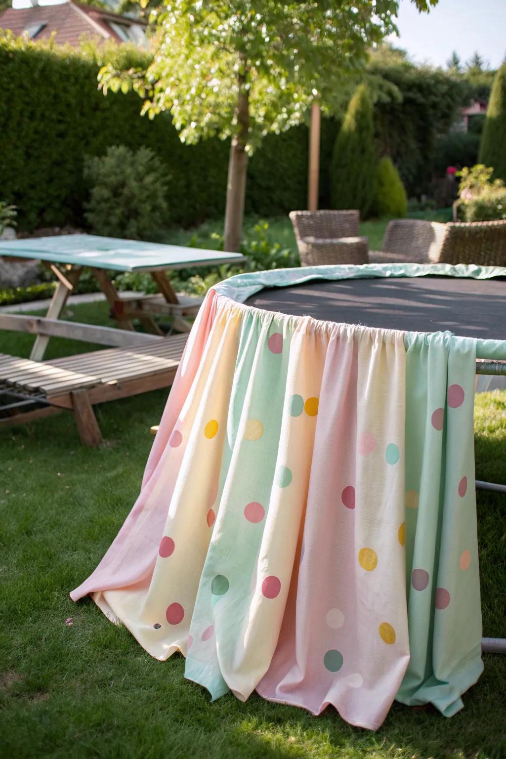 Revitalize your garden with a dash of playfulness and sophistication through a vibrant, circle-themed trampoline surround.