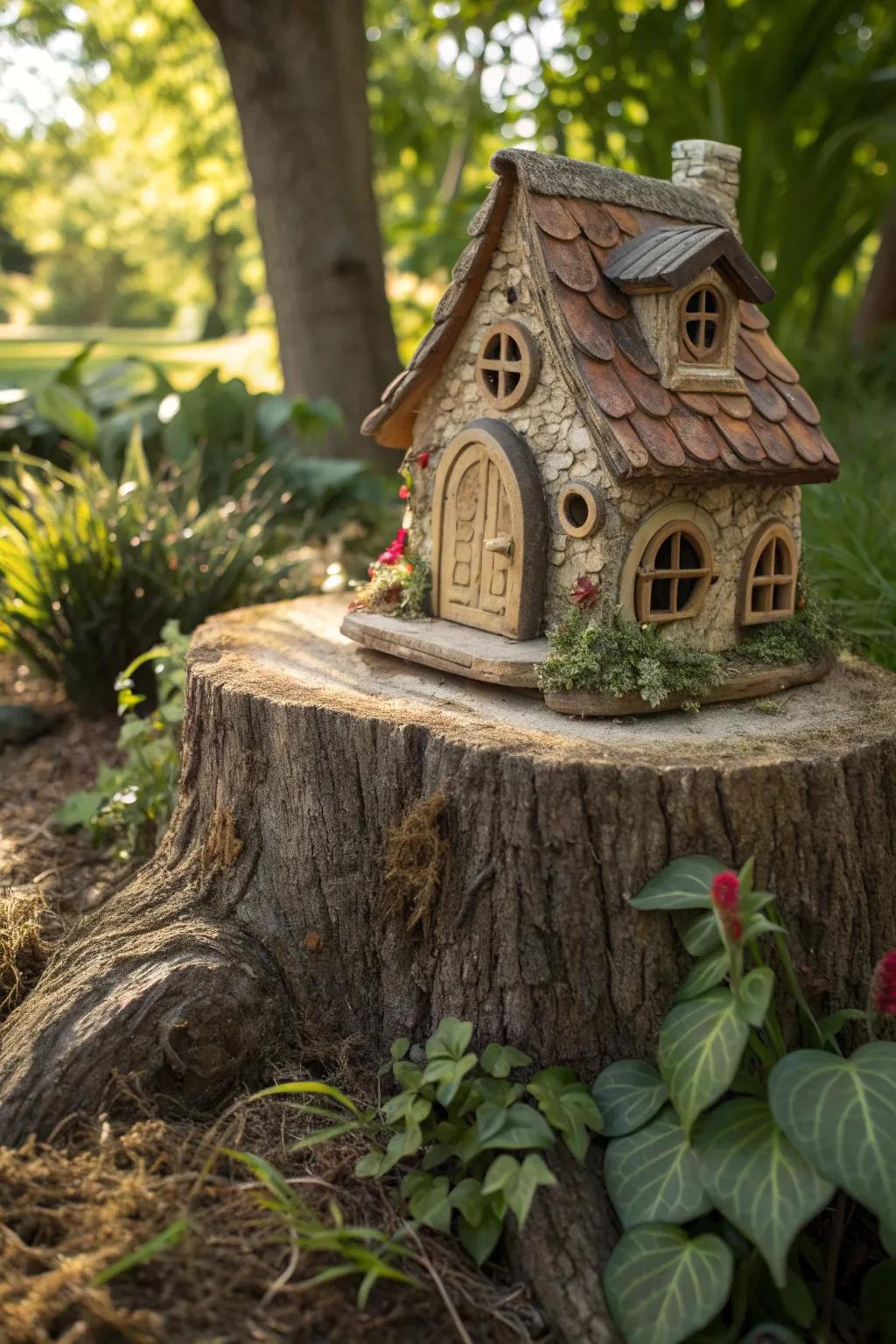 Infuse your garden with enchantment with a handcrafted sprite dwelling crafted from a tree stump.