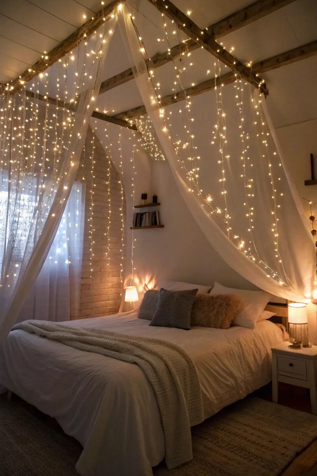 String lights bring a captivating element to any bedroom.