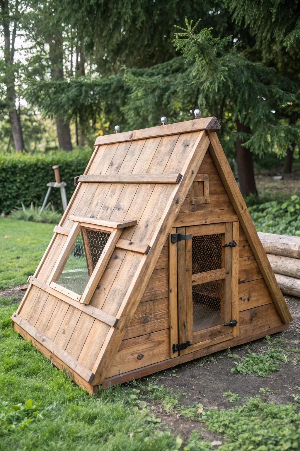 Discover the rustic charm of this handmade A-frame turkey coop, blending reclaimed wood with practical design.