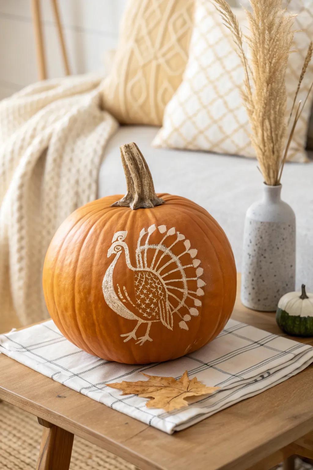 Enhance your Thanksgiving aesthetic with this timeless turkey outline pumpkin carving, where simplicity harmonizes with refinement in true Scandinavian fashion.