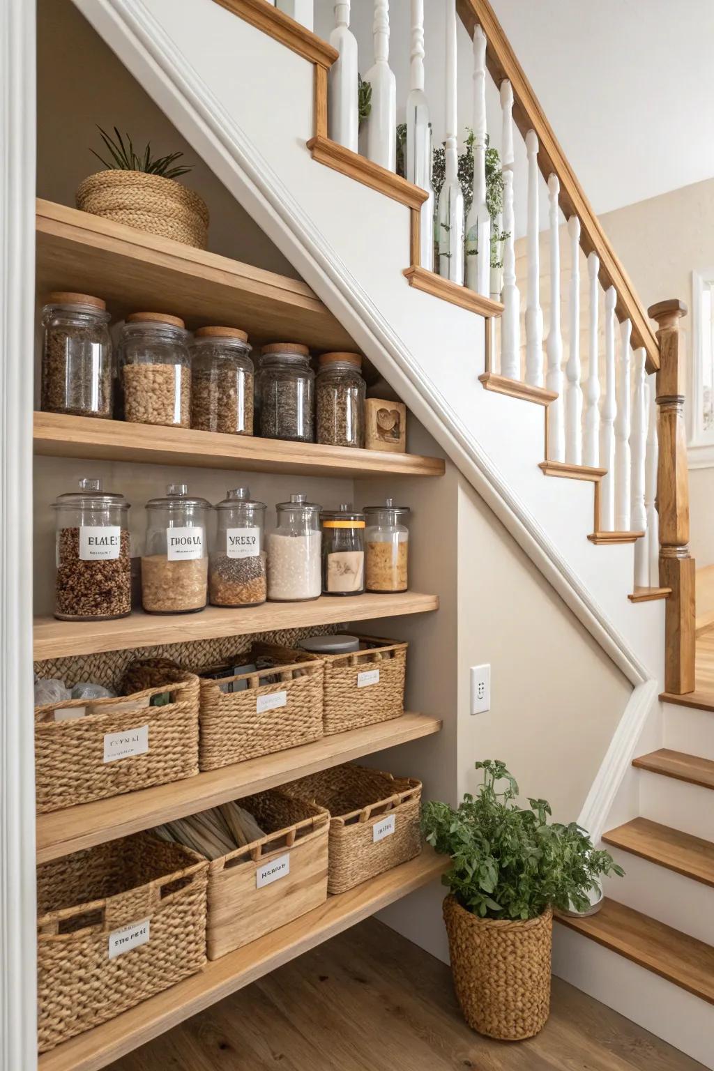 Upgrade your pantry setup with elegant open shelving, ensuring everything is visible and accessible in any home.