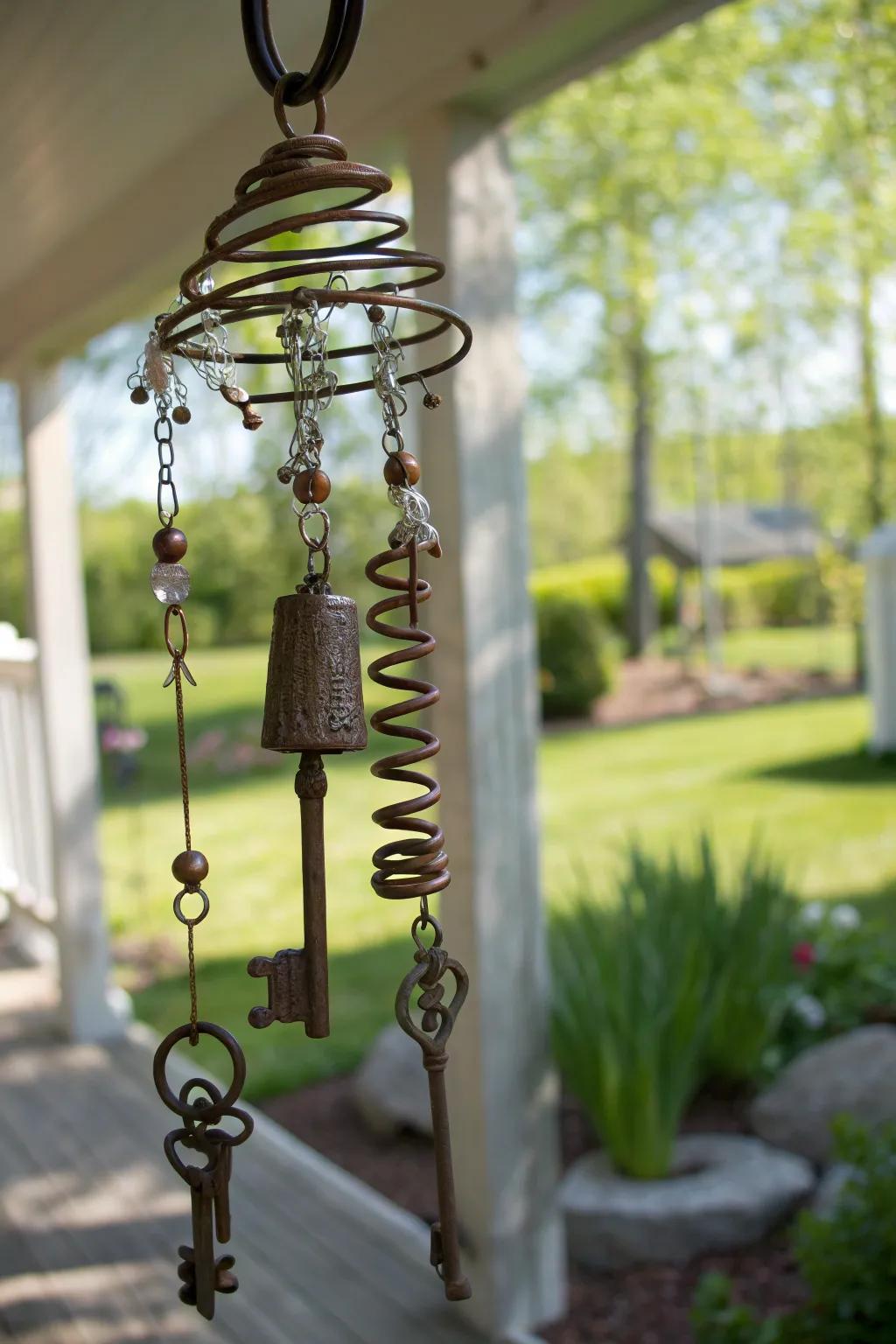 Redesign your unused trampoline springs into alluring wind chimes, infusing a hint of countryside sophistication into your exterior space.
