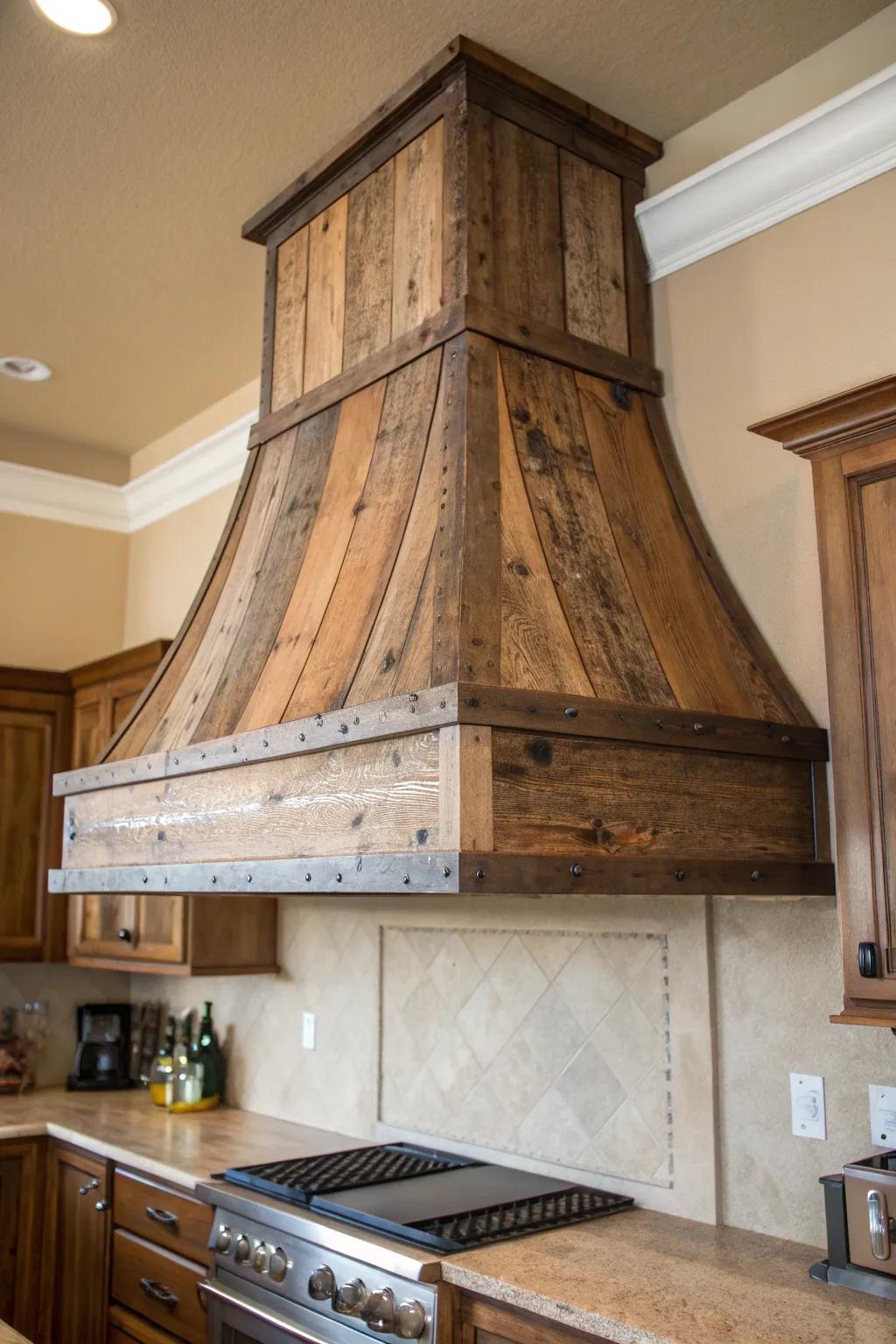 Enhance your kitchen with country elegance through the use of salvaged wood panels for your range hood.
