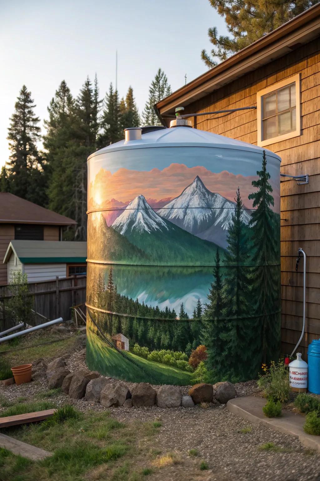 Welcome the wild into your backyard with a striking nature-inspired mural on your water container.
