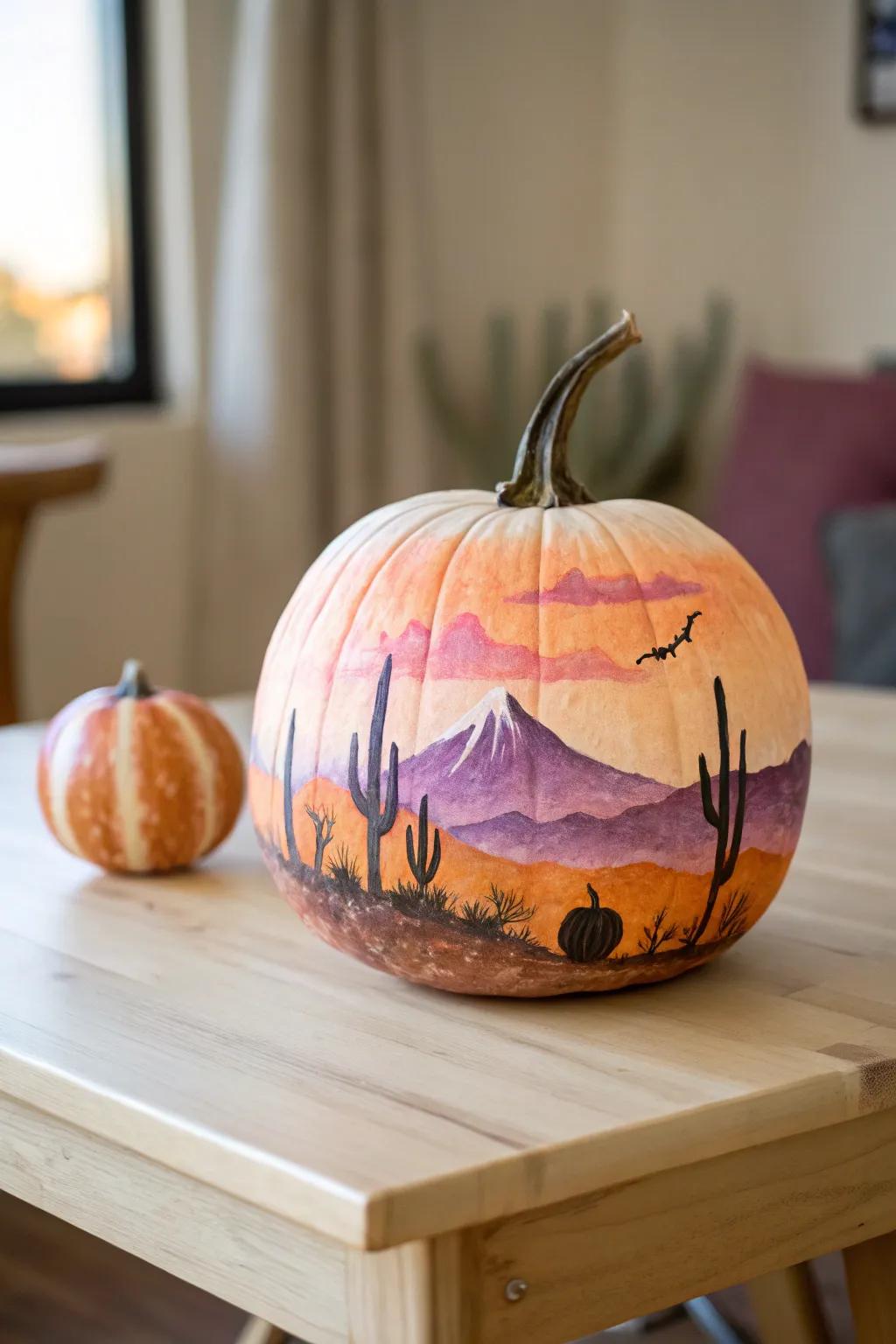 Encapsulate the soul of a desert dusk with this stunningly painted pumpkin, an ideal fusion of minimalist and bohemian elegance.