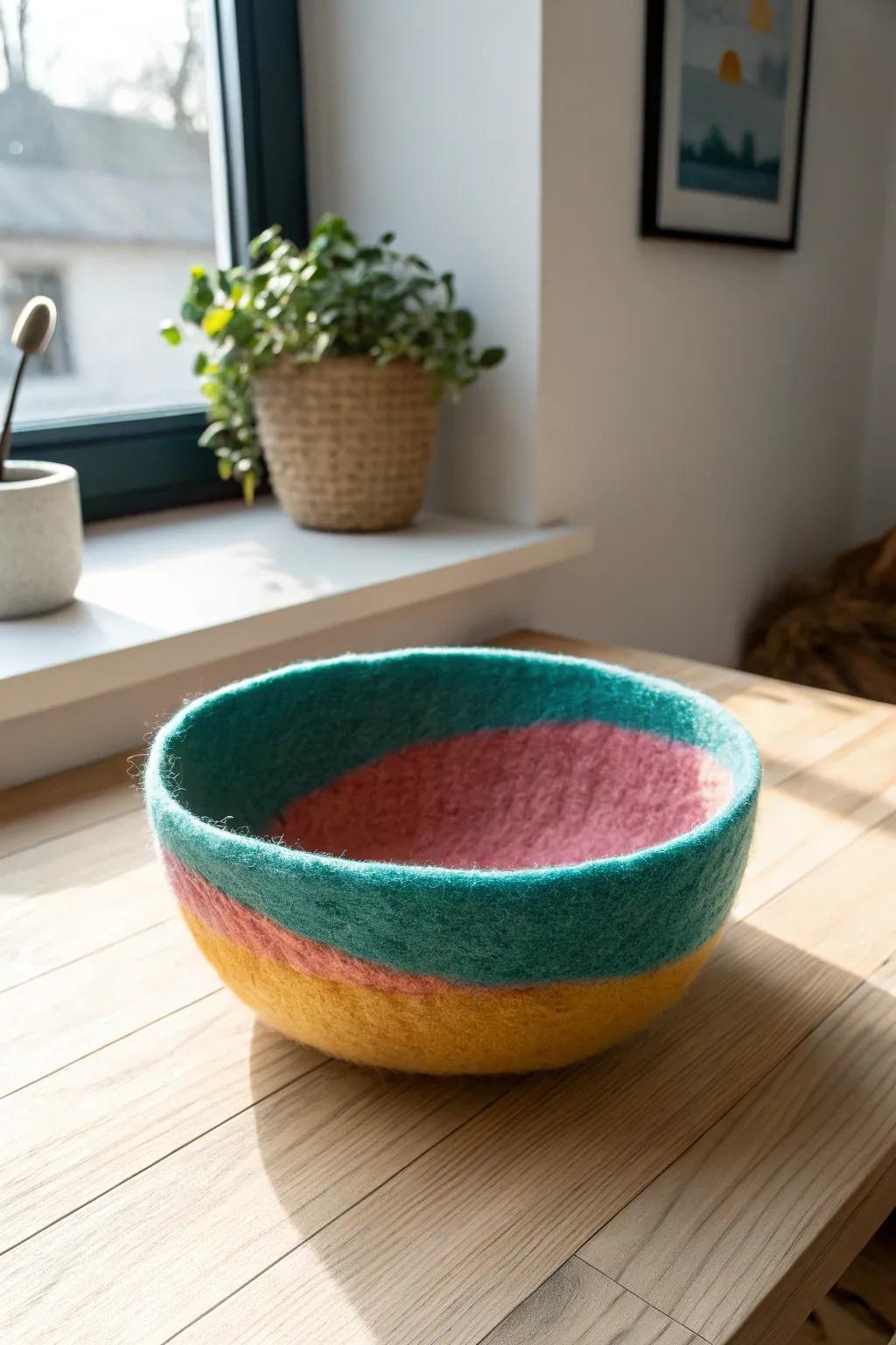 Infuse color and charm into your room with a beautifully handmade felted bowl, perfectly suited for both minimalist and Boho-chic decors.
