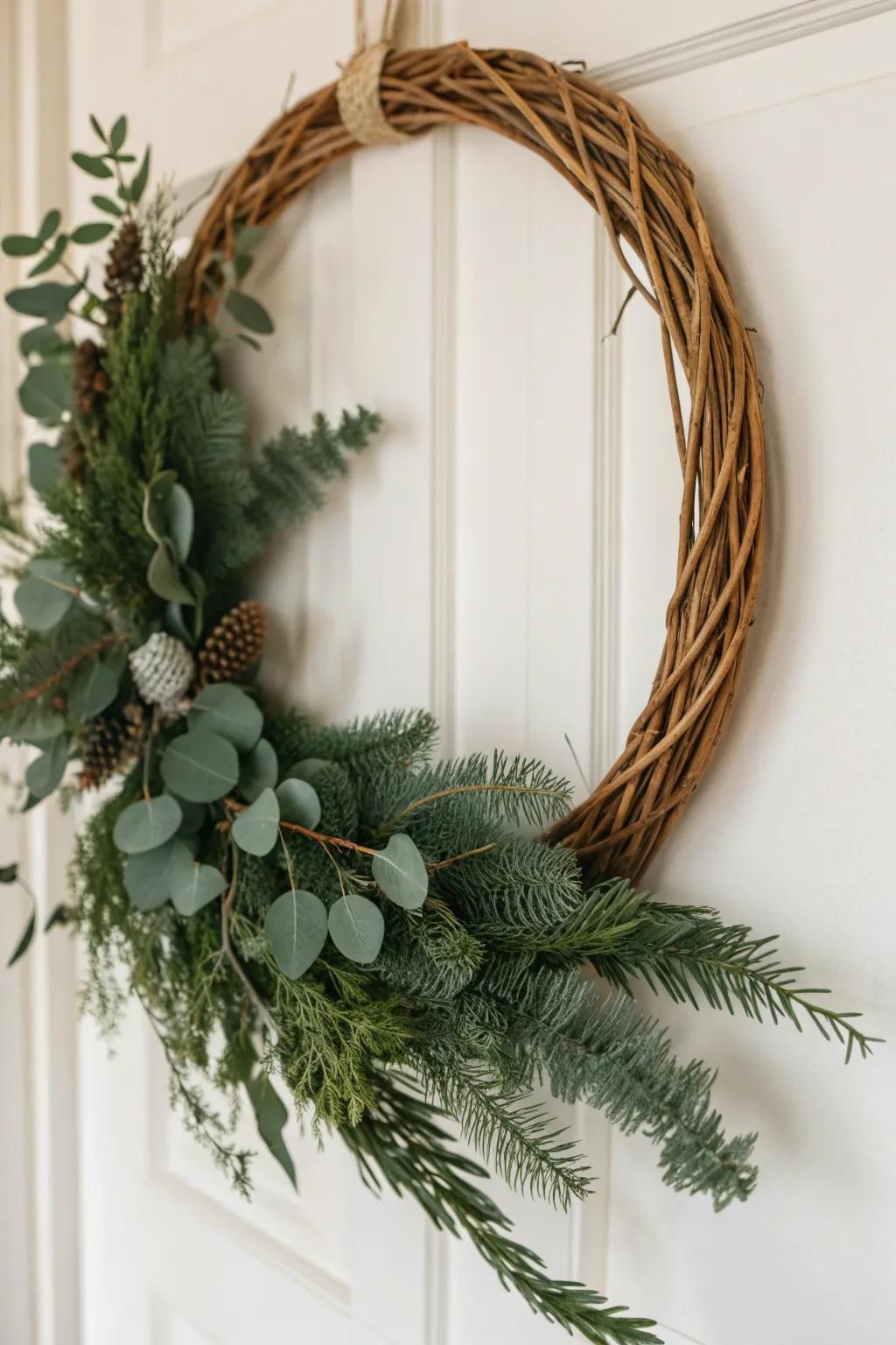 Timeless Evergreen: Appreciate the enduring beauty of nature with a minimalist wicker wreath.