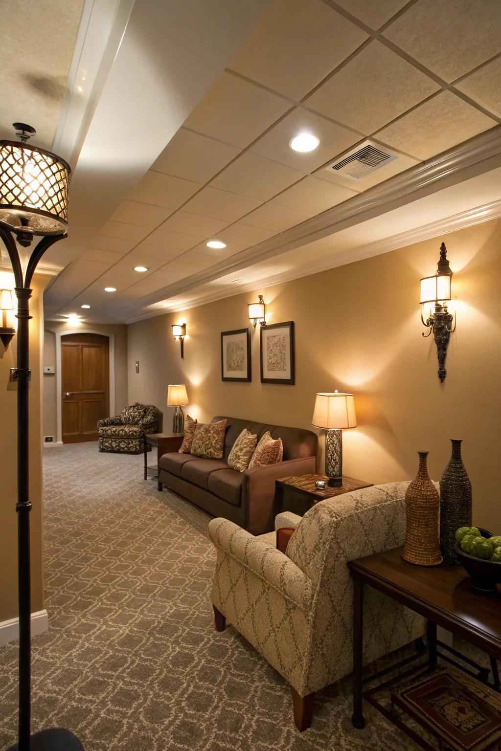 Layered illumination converts a basement into a snug and welcoming environment.