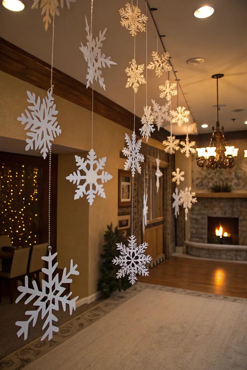 Craft a floating snowflake dreamscape using simple paper cutouts.