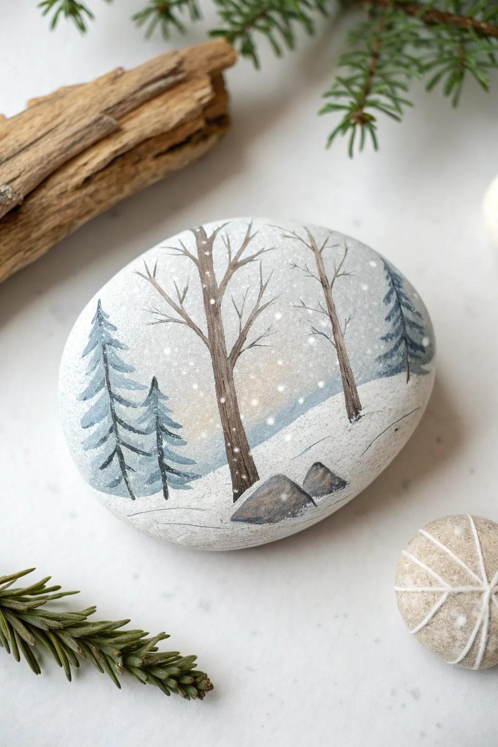 Infuse your home with the calm beauty of winter through this hand-painted icy vista rock.