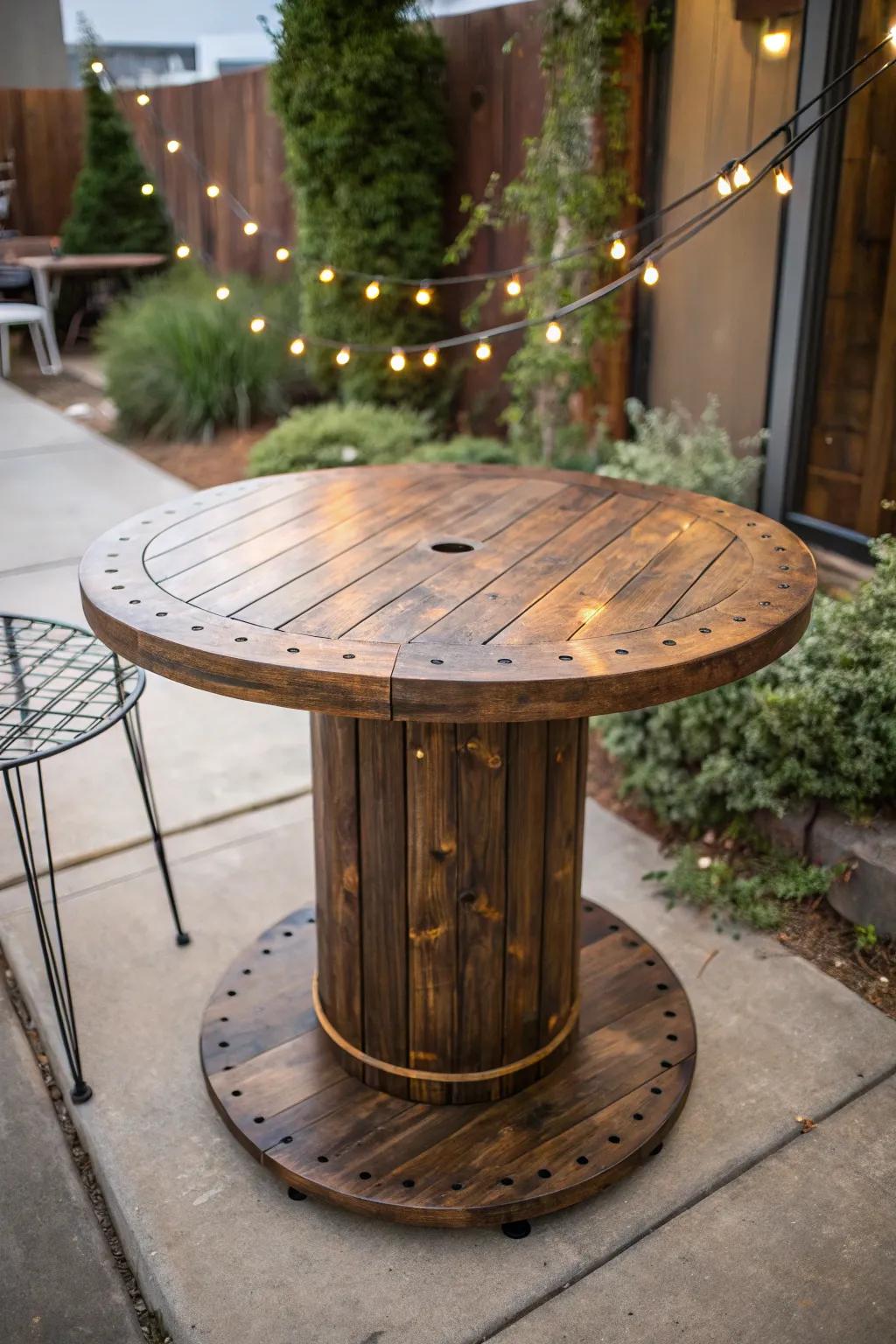 Where craftsmanship embraces nature: A breathtaking cable wheel table, the heart of unforgettable outdoor celebrations.