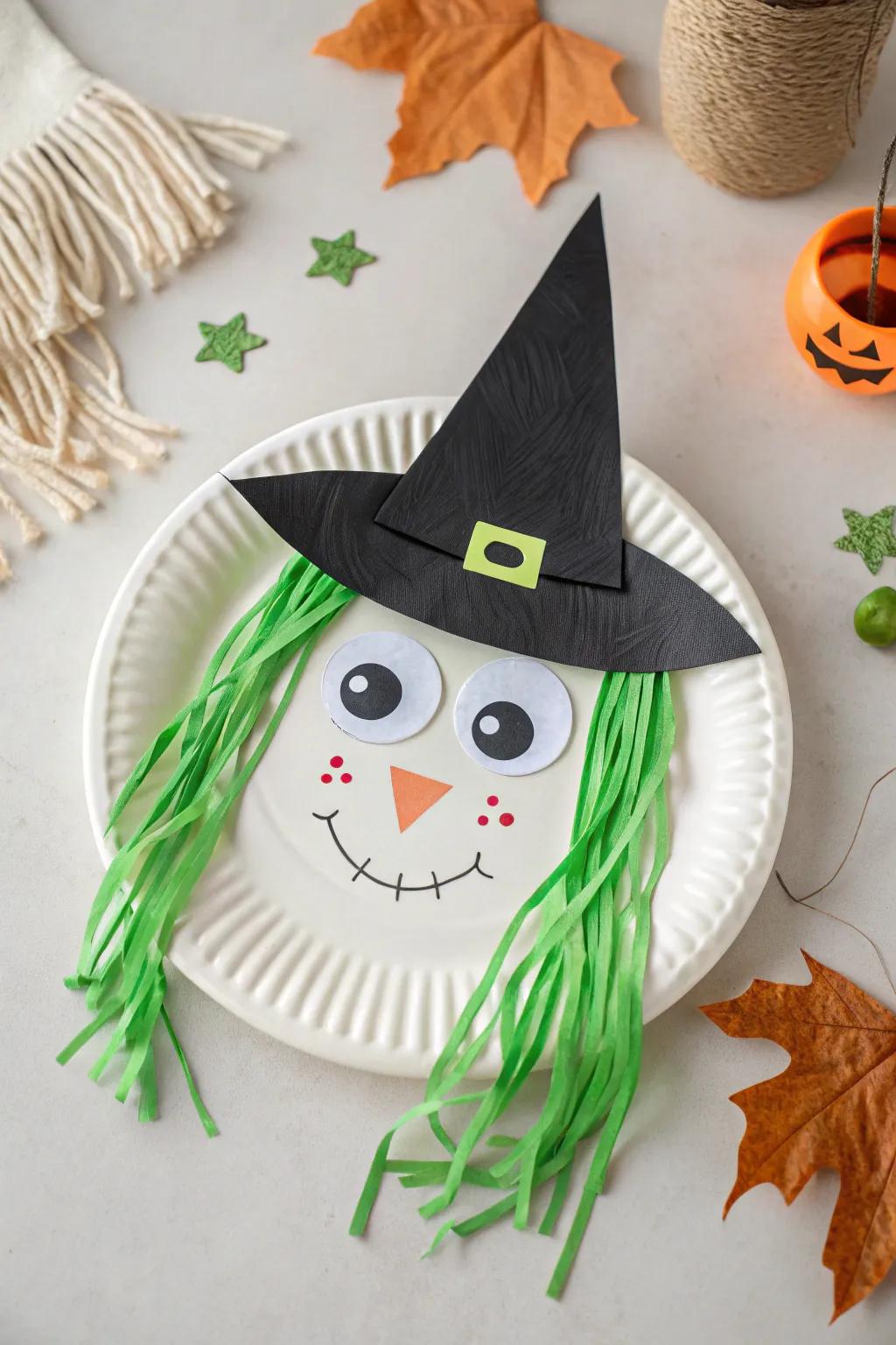 Ignite your creativity with a vibrant, handcrafted witch face made from a simple paper plate!