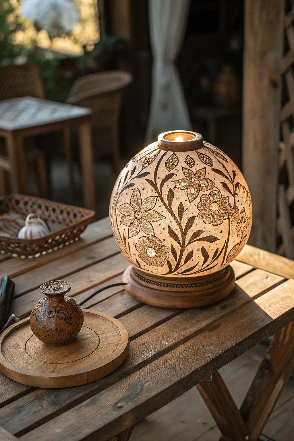 Bask in the glow of artistry with etched timber lamps.