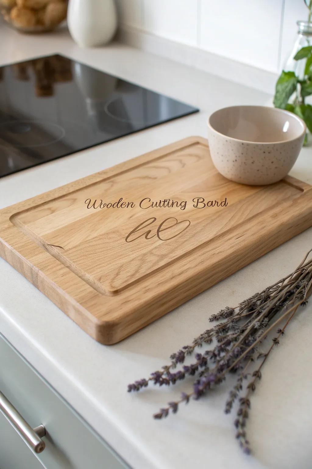 Enhance your kitchen with a custom touch. This wooden board artfully blends practicality with treasured memories.