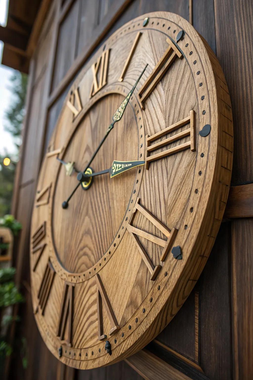 A showcase of fine craftsmanship: An eye-catching upcycled wood wall clock that revitalizes any setting.
