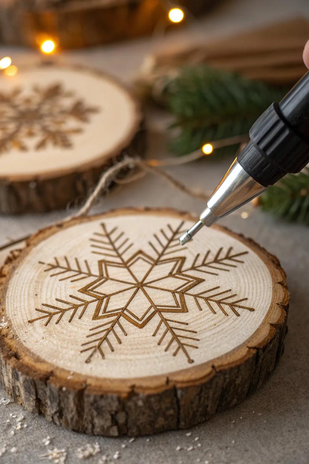 Sophisticated snowflake patterns on authentic wood – the convergence of skill and the inherent charm of nature.