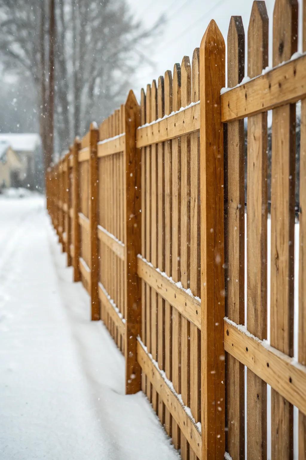 Classic artistry: Savor the pastoral charm of traditional timber boards amidst a winter wonderland.