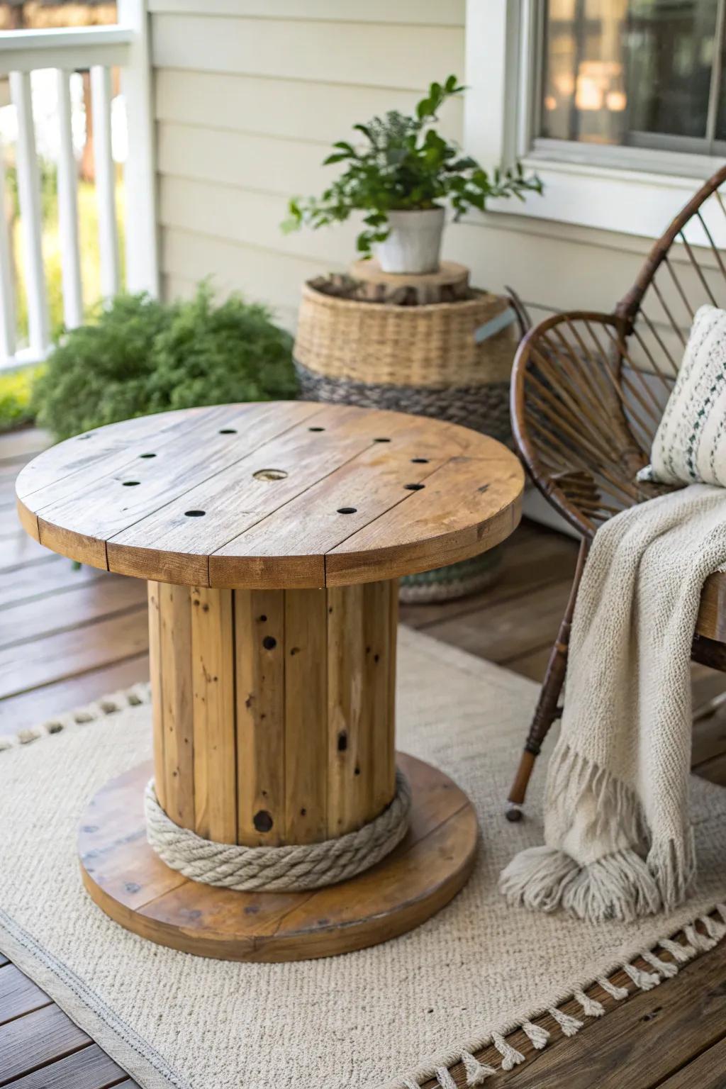 With a lovely wooden spool coffee table that combines rustic and elegant elements, you can enhance your outdoor space.