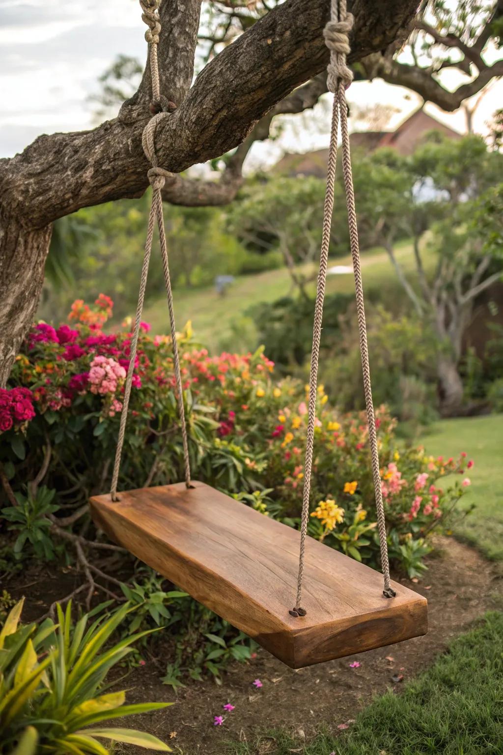 Immerse yourself in the peace of this exquisite wooden swing, your personal garden sanctuary.