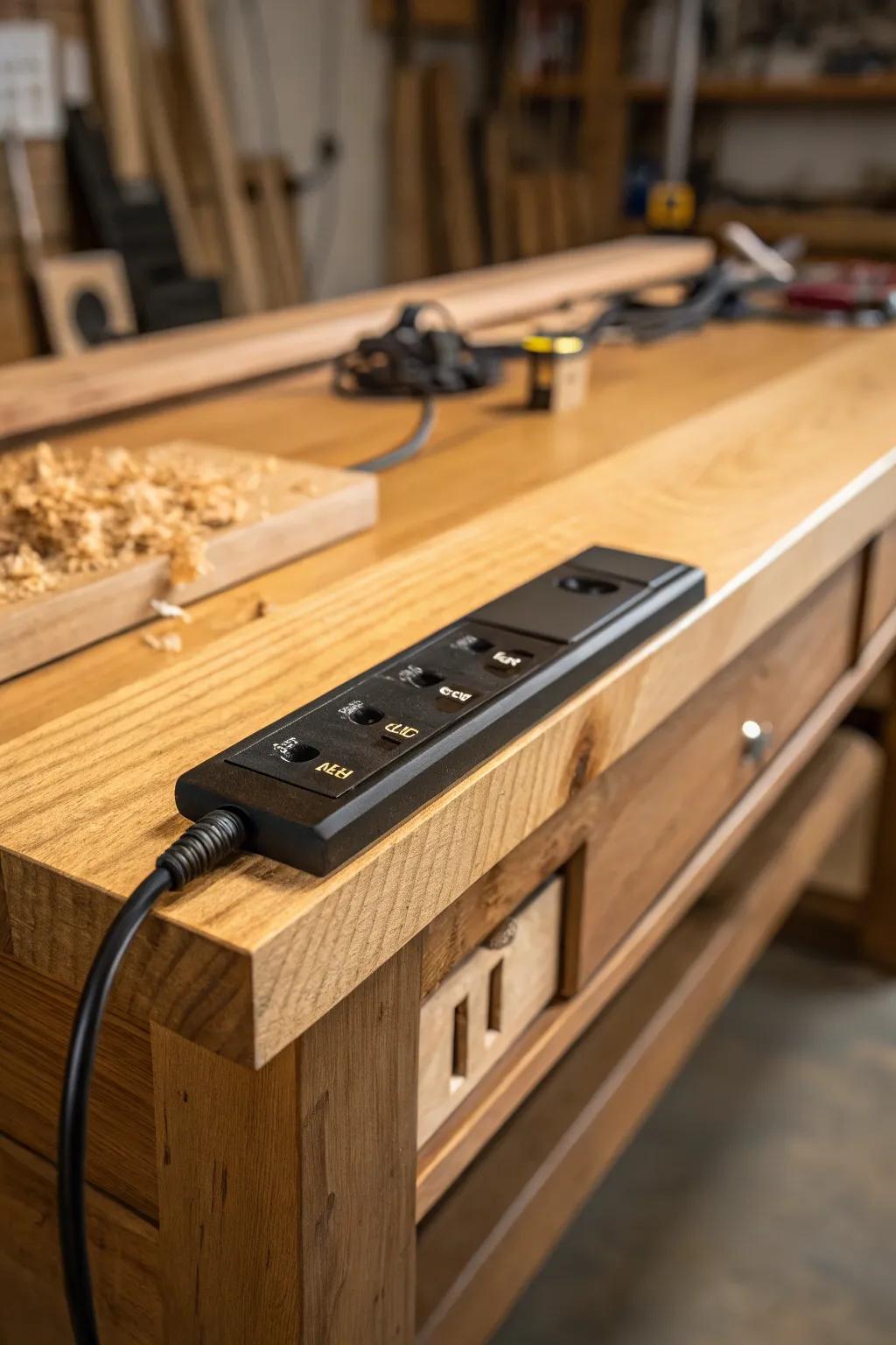 Optimize your workspace: A power strip elegantly hidden under your workbench.