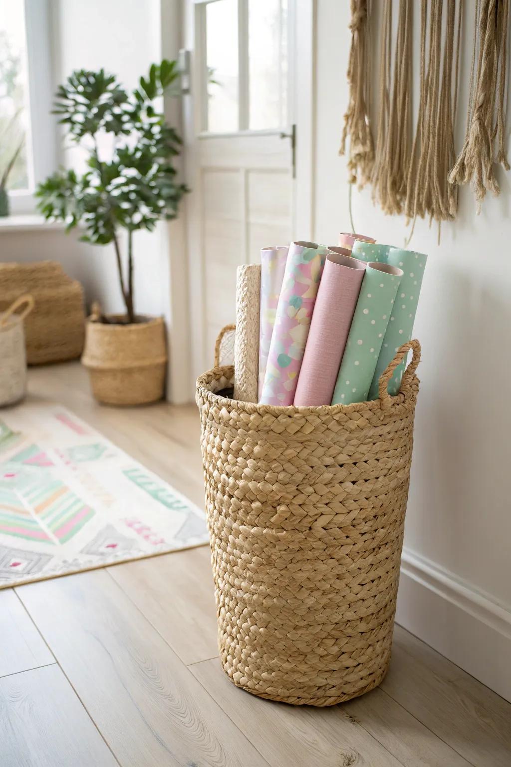 Revel in the attractiveness of upright storage, an elegant and practical solution for your wrapping paper needs.