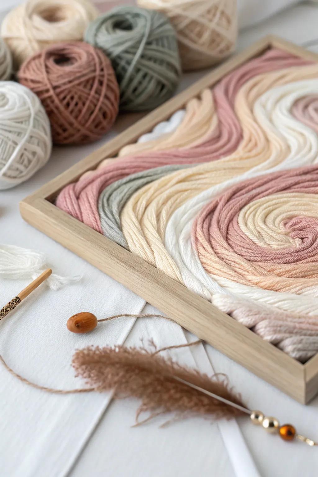 Embark on a realm of artistry with abstract yarn swirls, where understated elegance converges with imaginative expression.
