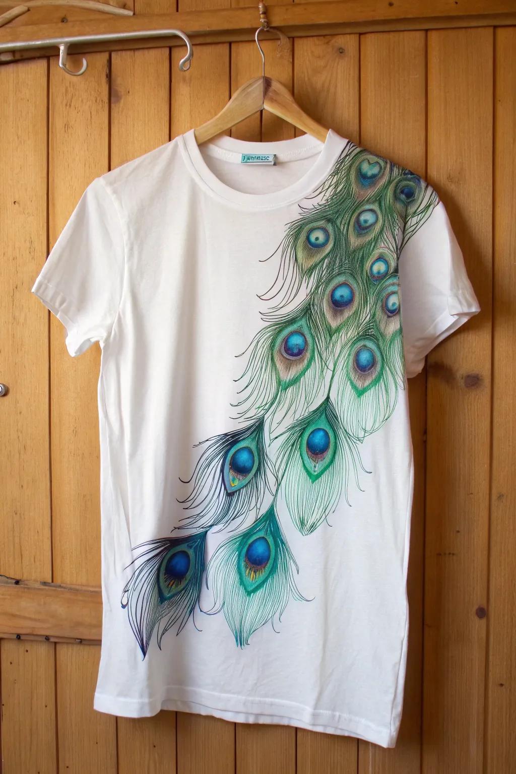 Crafted Elegance: A t-shirt transformed with 100 exquisite plumes for an aesthetic that dances with hue and motion.