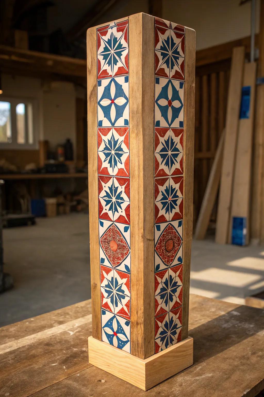Transform your area with this striking geometric tile post covering, where artistry encounters bold design.