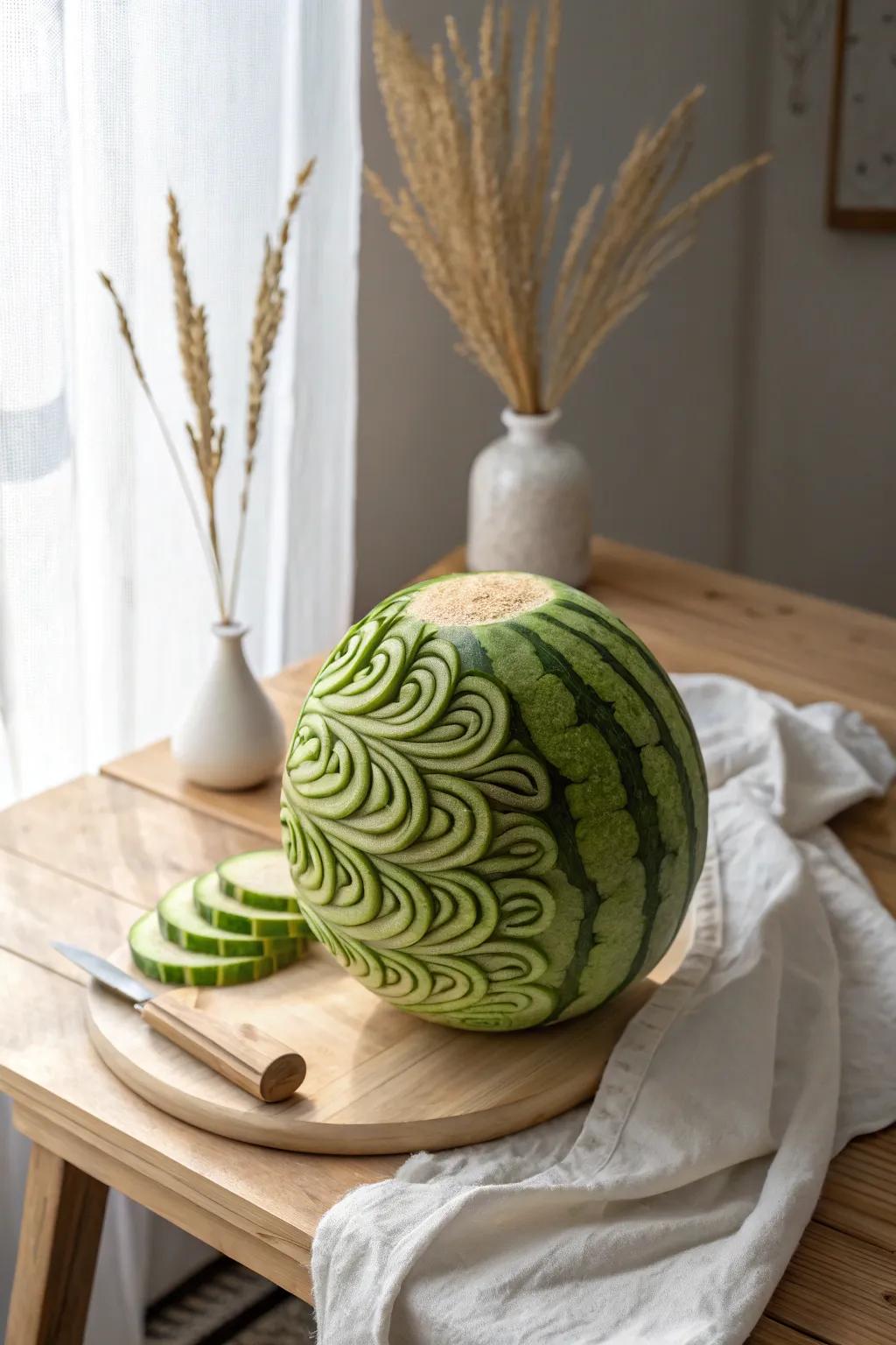 Ride the undulation of innovation with this striking tropical fruit sculpture! 🌊🍉 #ArtisticFruit #ScandiBoho