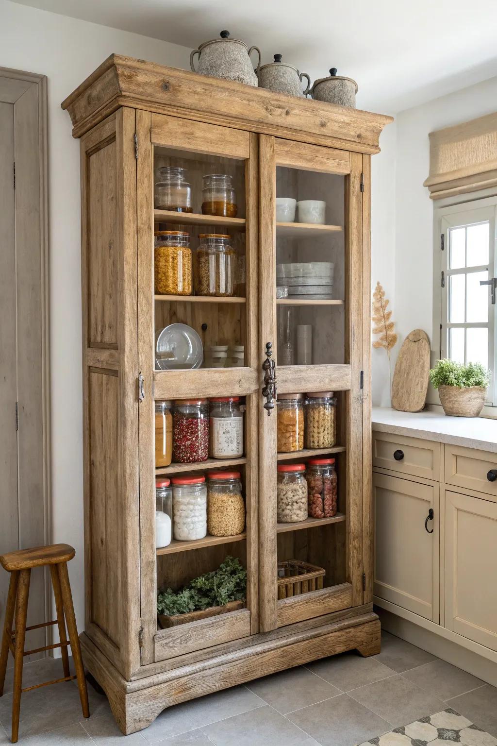 Transform your kitchen with the timeless charm of a retro larder cupboard, where simplicity meets elegance.