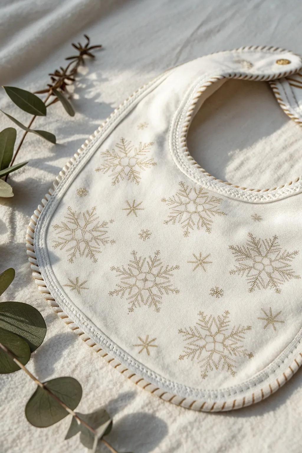 Embrace the season with handcrafted elegance: a winter-themed infant bib that combines unpretentiousness and warmth.