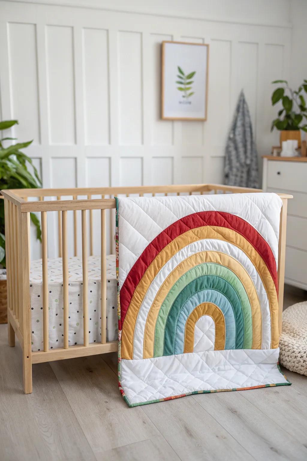 Brighten your nursery with a handcrafted rainbow quilt that introduces a splash of joy and color.