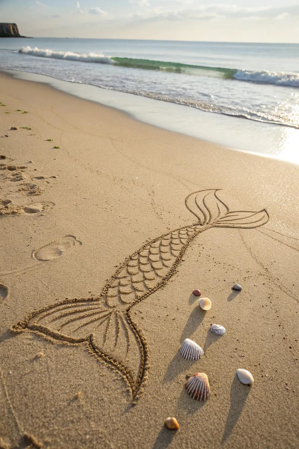 Dive into whimsy with enchanting mermaid tails sketched in the sand.
