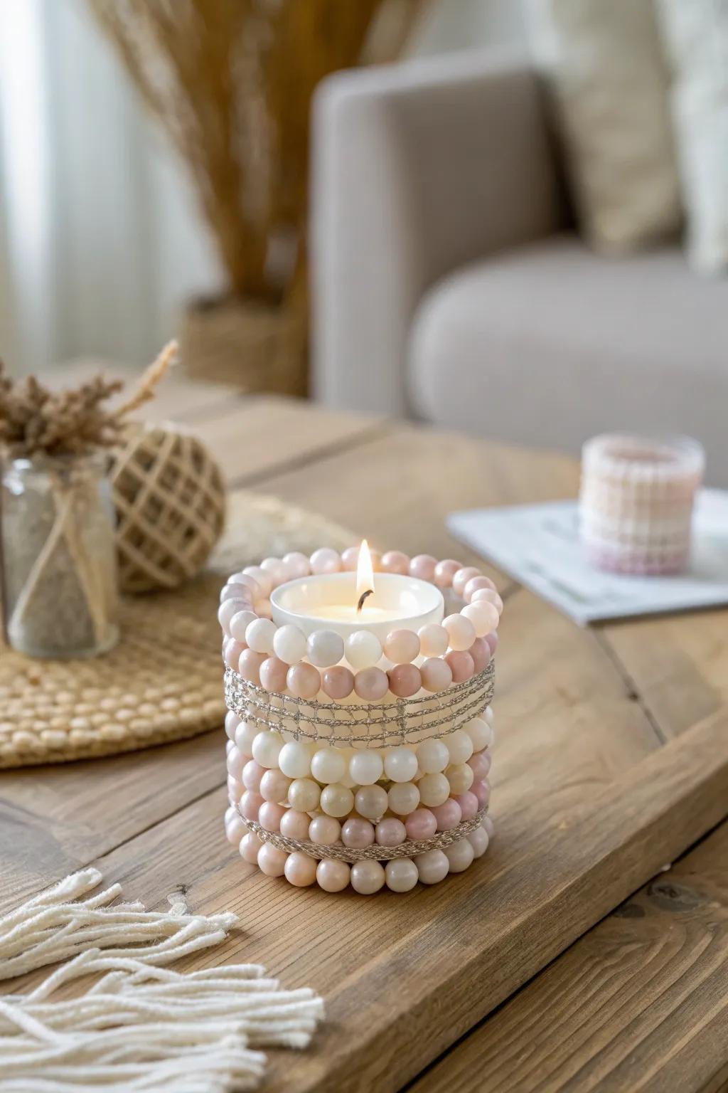 Illuminate your space with the captivating radiance of a handcrafted beaded light vessel, where simplicity meets boho charm.