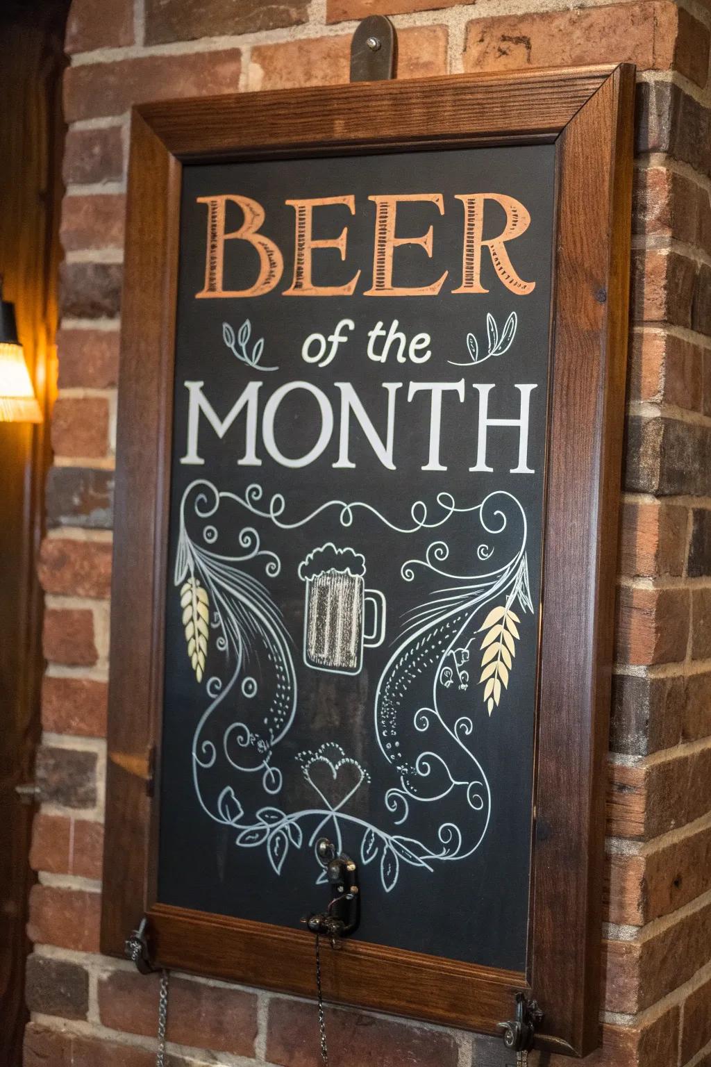 Discover this month's highlighted brew with artisanal chalkboard charm.