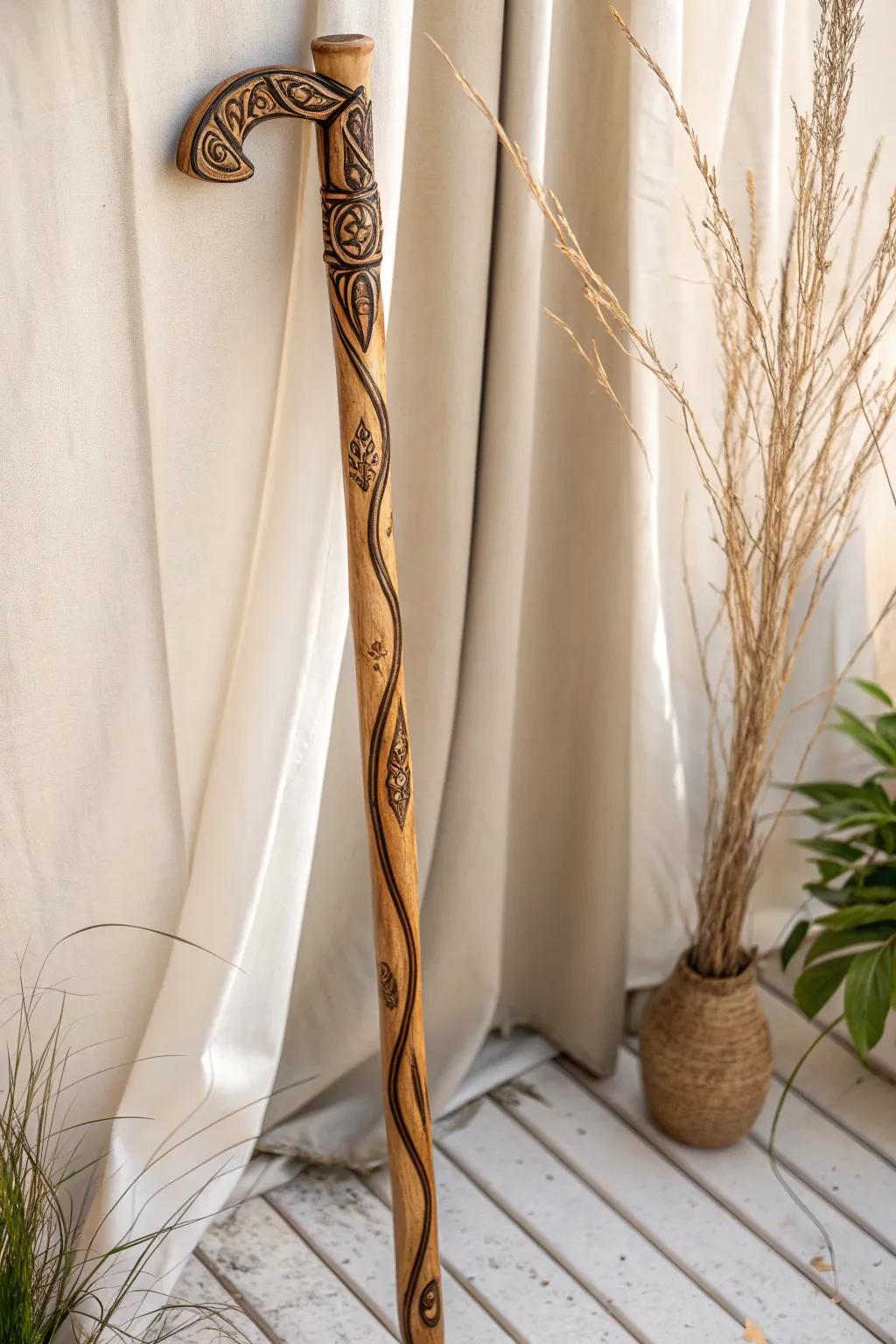 Appreciate simplicity with a hint of artistry: Discover the beauty of combusted timber highlights on your walking stick.