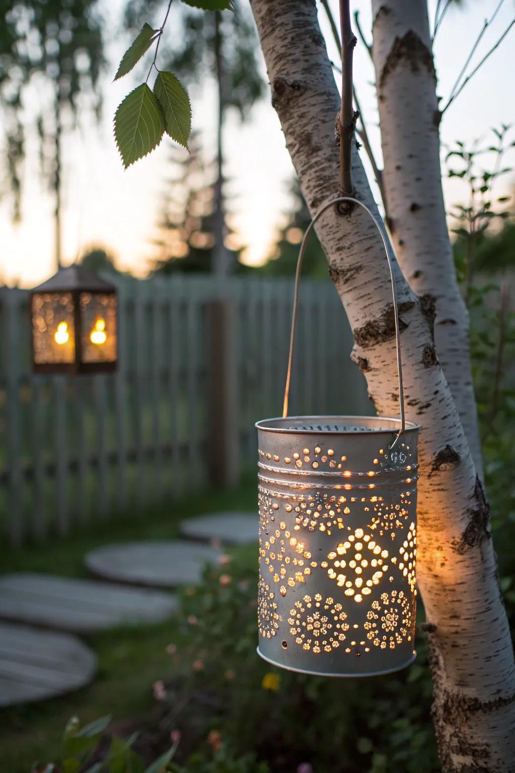 Illuminate your garden with enchanting metal receptacle lanterns, a perfect blend of simplicity and artistry.