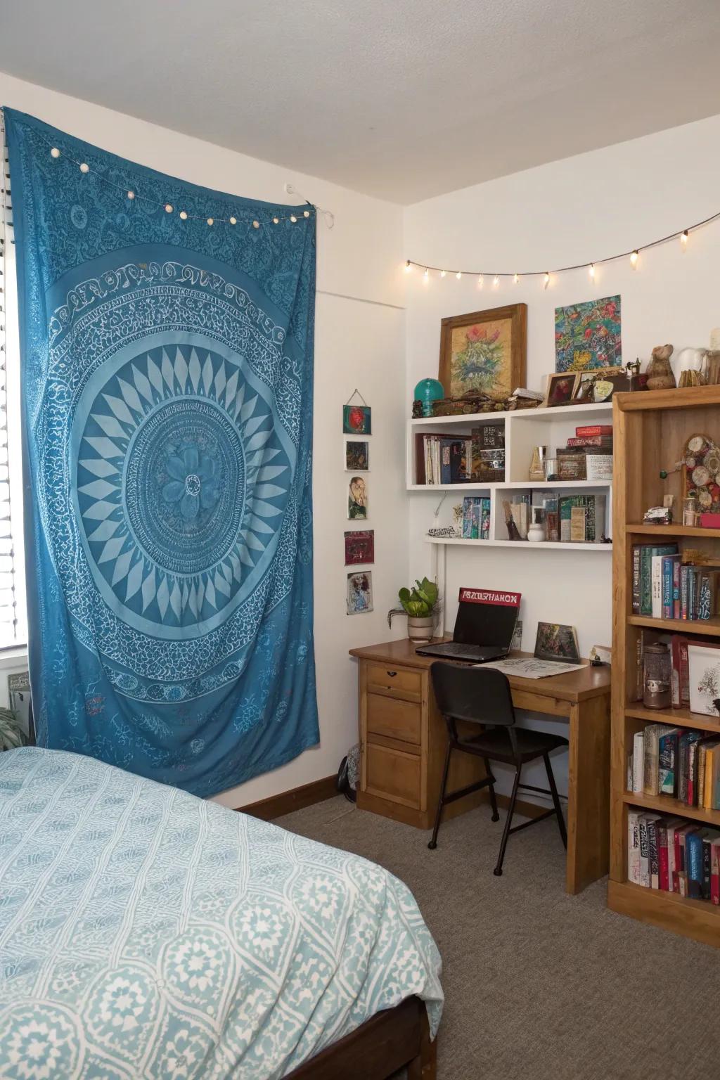 An azure textile injects a bohemian feature to your room.
