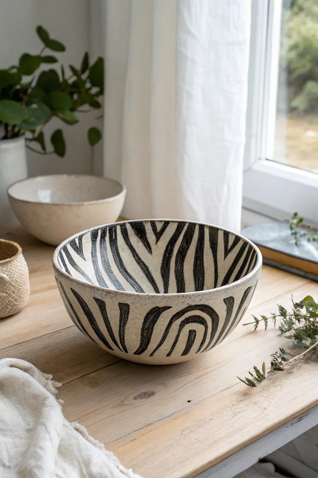 Unleash your inner wild side with refined fauna impressions. This zebra-striped bowl introduces a sophisticated nuance to your minimalist aesthetic.
