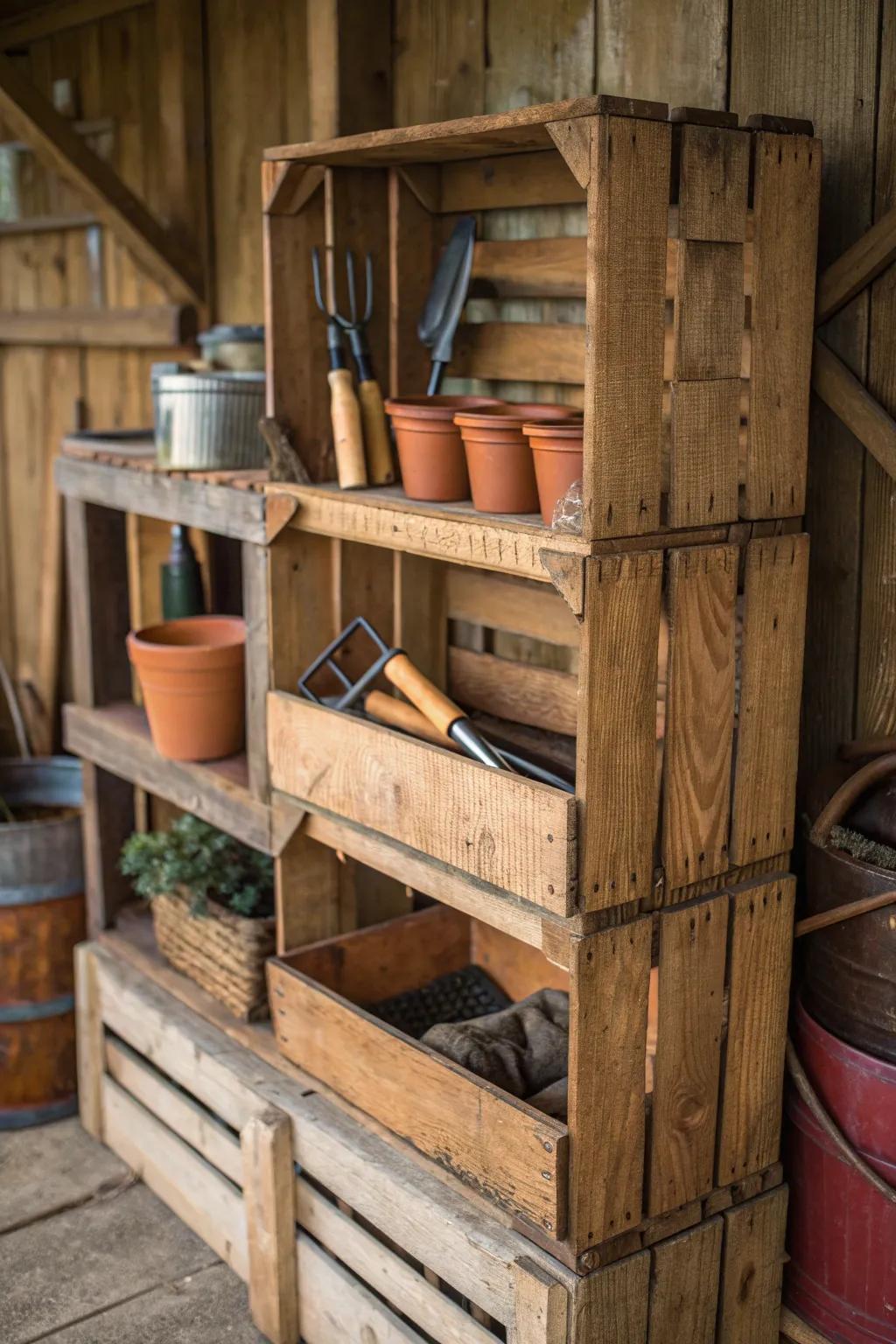 Transform your shed with handcrafted layered crate shelves – the perfect mix of function and style for your gardening needs.