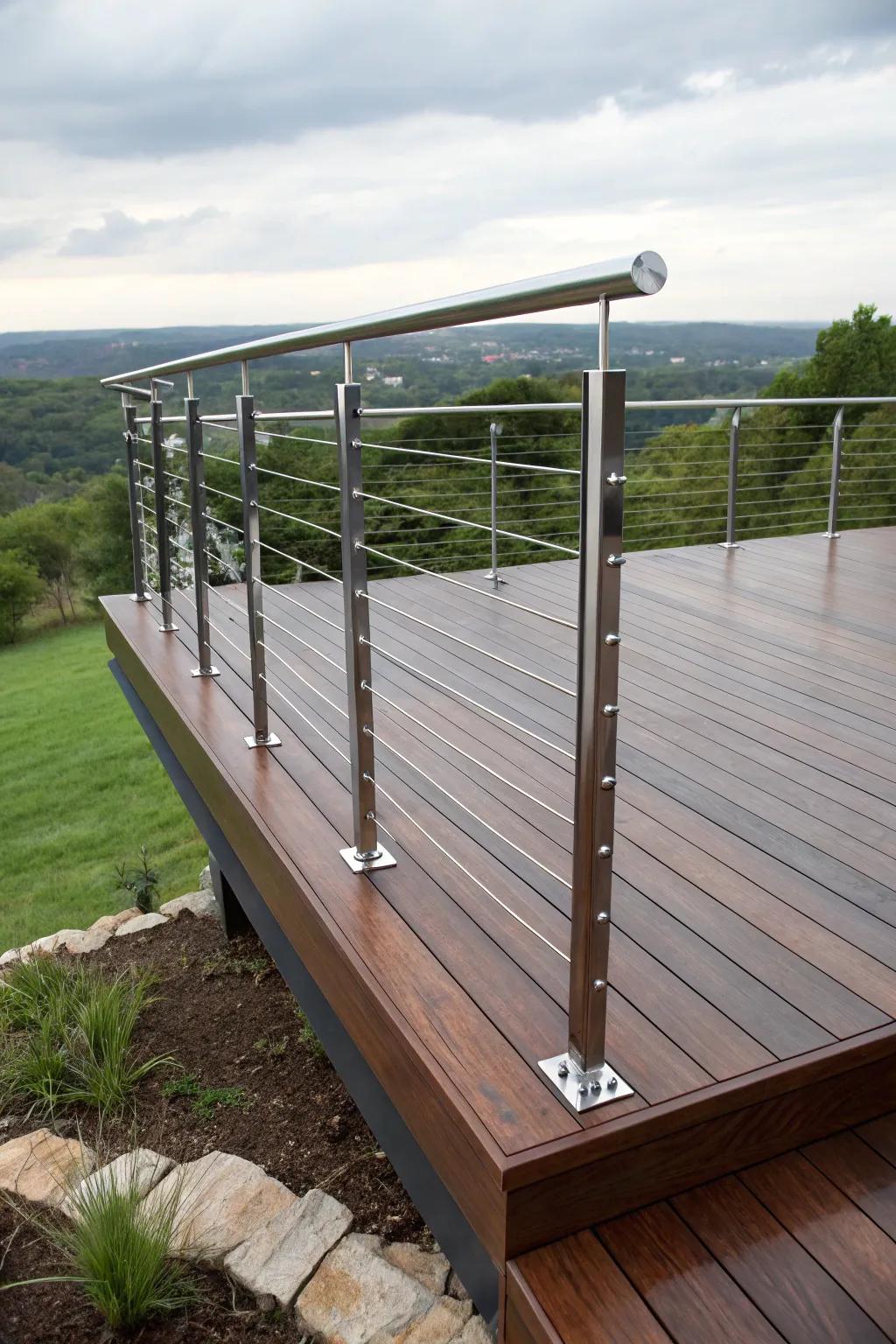 Elevate your outdoor space with the airy elegance of wire railings on a raised deck.