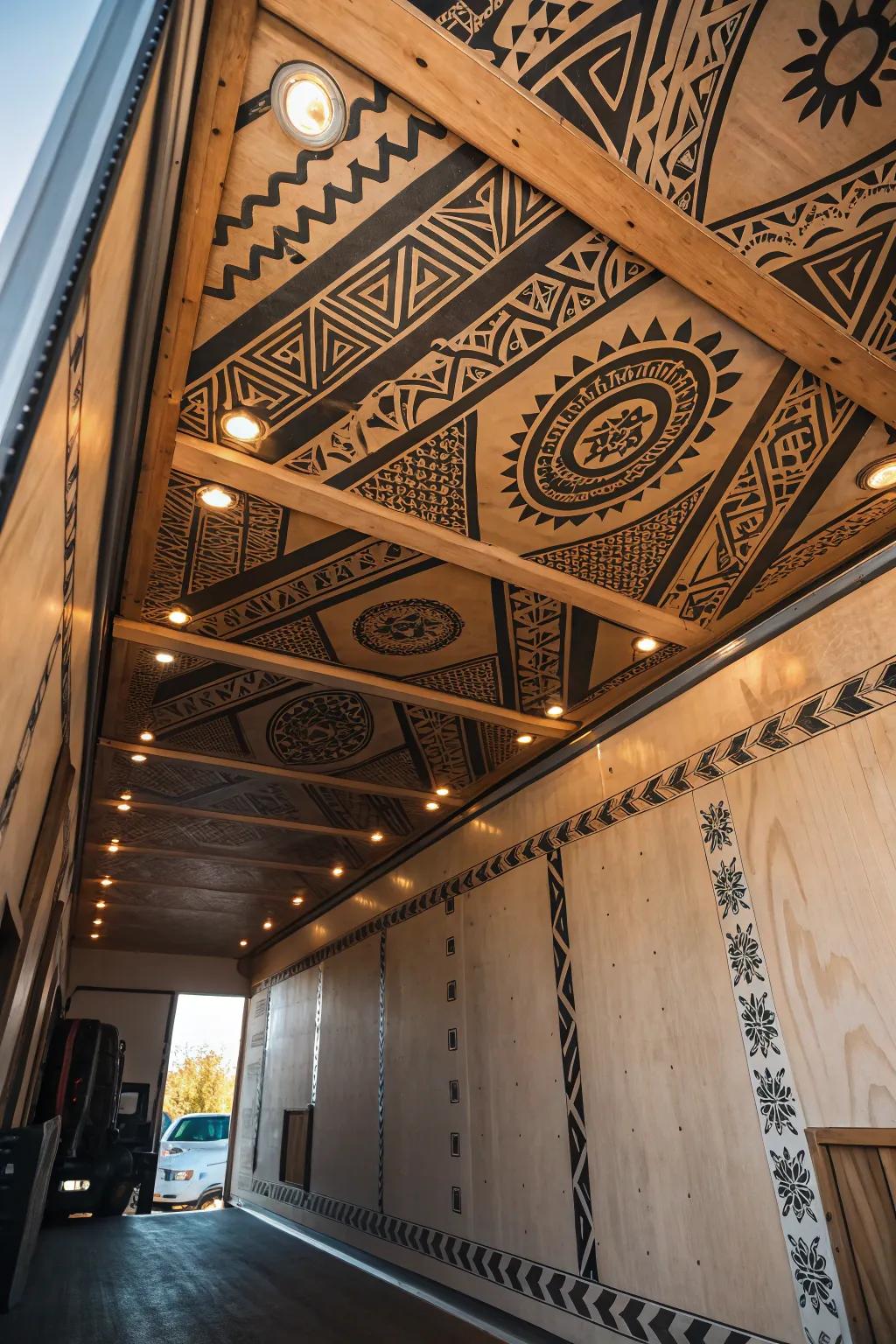 Elevate your cargo trailer's style using artistic ceiling decals that reflect your personal flair.