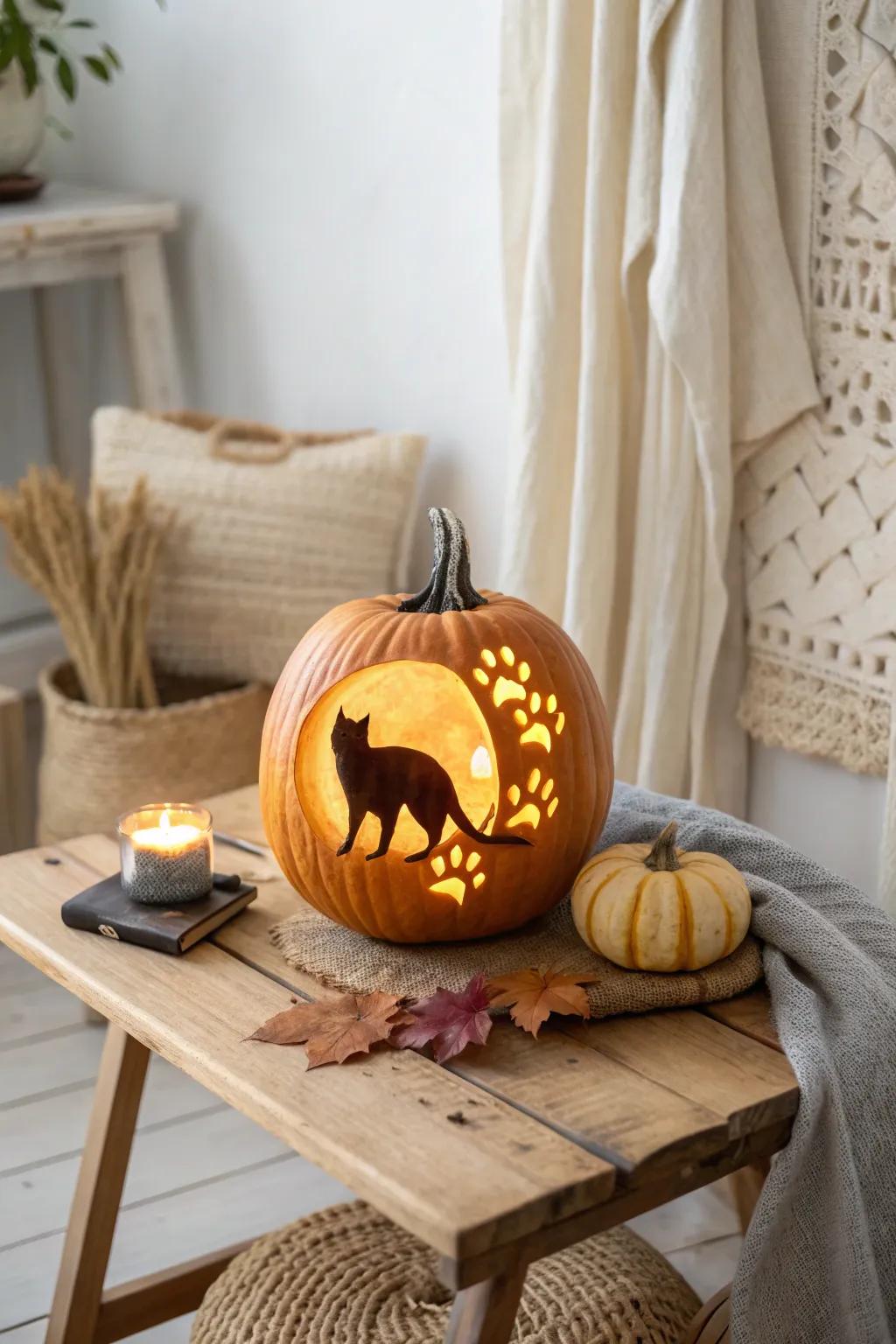 Welcome the charm of autumn with this delightful feline shape pumpkin carving, great for including a whimsical touch to your seasonal decor.
