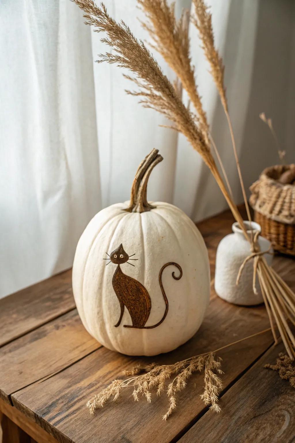 Introduce a playful twist to your décor with this charming curled caudal appendage feline pumpkin sculpting!