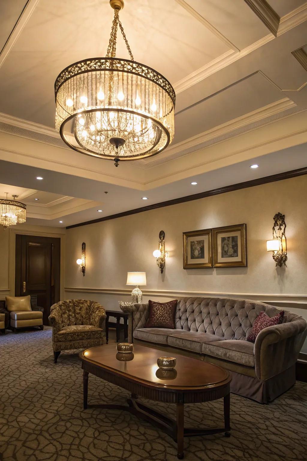 A sophisticated room features an even mount chandelier on a low ceiling.
