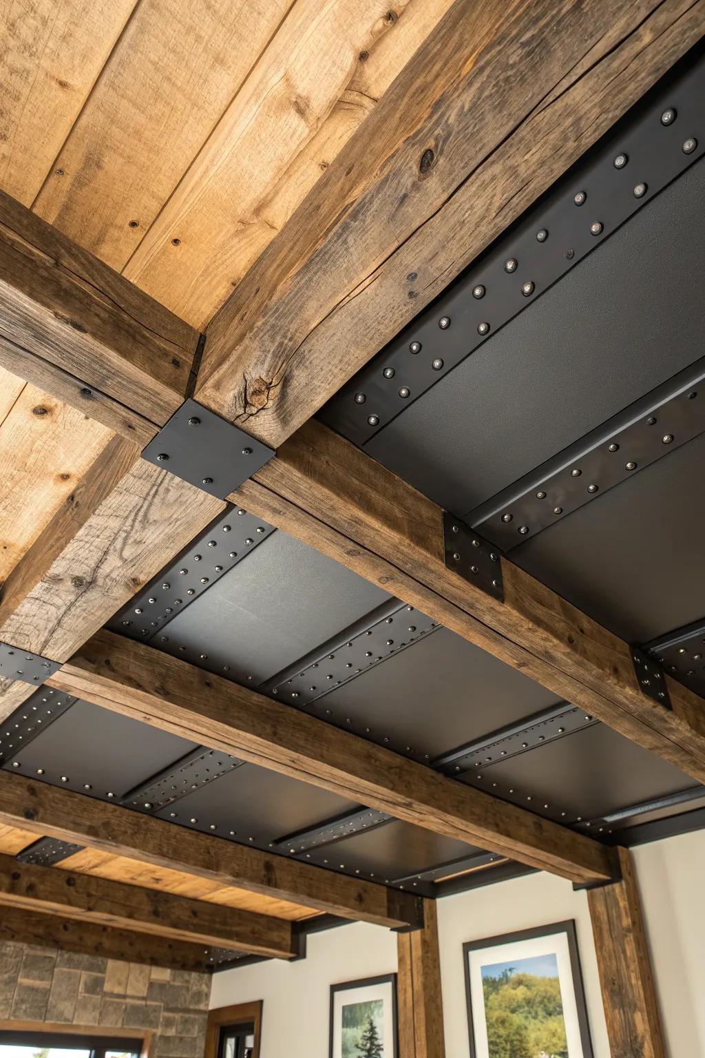 Experience the perfect marriage of rustic charm and industrial elegance with this mixed material ceiling design.